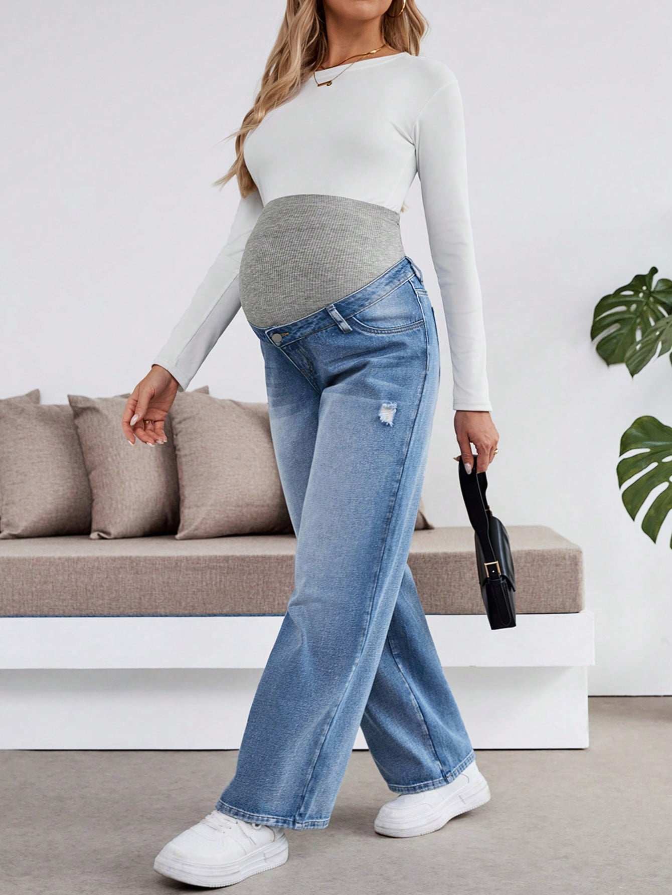 سراويل طويلة مفتوحة مرنة فضفاضة باللون الأزرق الداكن للنساء الحوامل، مع حمالة بطن - Pink&blue