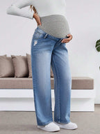 سراويل طويلة مفتوحة مرنة فضفاضة باللون الأزرق الداكن للنساء الحوامل، مع حمالة بطن - Pink&blue