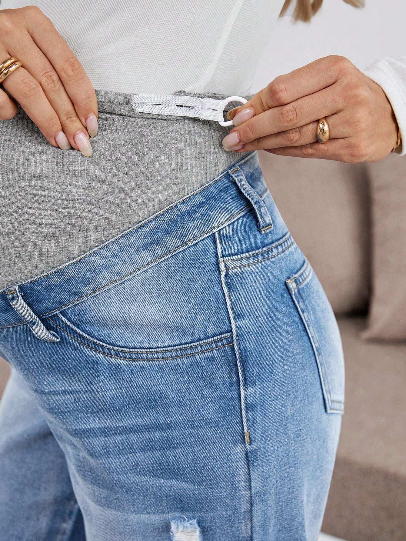 سراويل طويلة مفتوحة مرنة فضفاضة باللون الأزرق الداكن للنساء الحوامل، مع حمالة بطن - Pink&blue