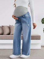 سراويل طويلة مفتوحة مرنة فضفاضة باللون الأزرق الداكن للنساء الحوامل، مع حمالة بطن - Pink&blue