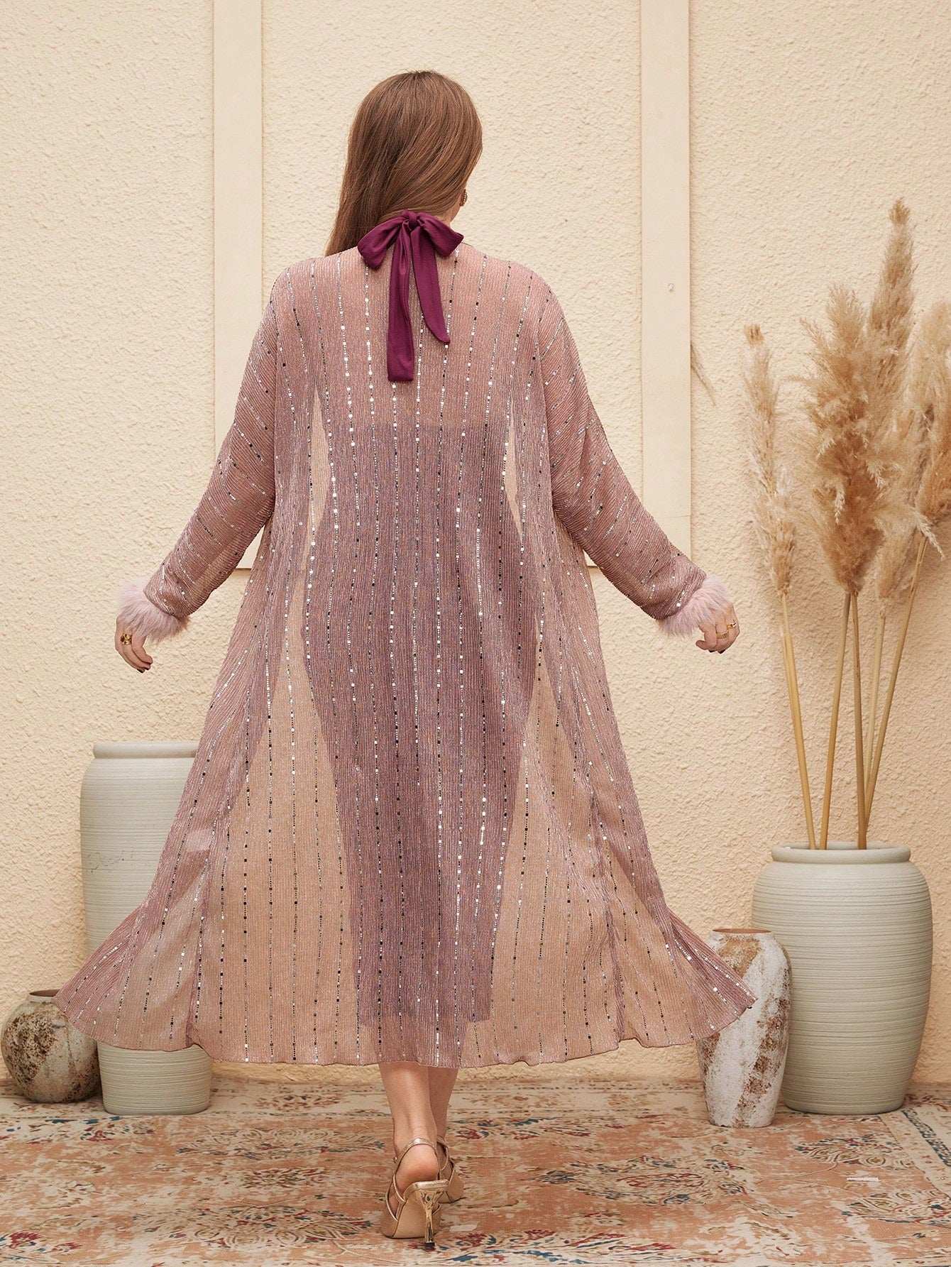 مجموعة قطعتين: بليزر مزين بفرو مزيف ذو حواف مربعة ملونة وفساتين الحوامل مقاس الجسم ذات الشكل الأنيق - Pink&blue