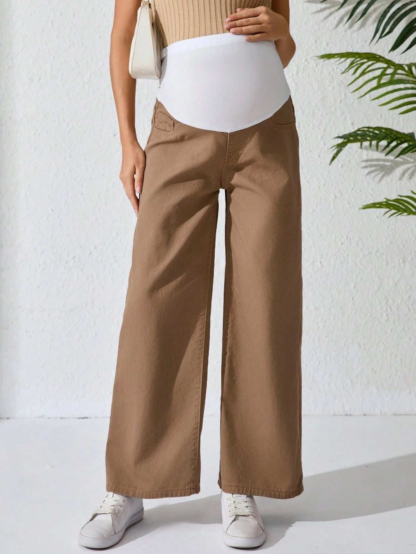 جينز أمومة كاجوال بساق واسع ولون متباين قابل للتعديل الخصر - Pink&blue