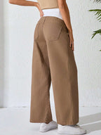 جينز أمومة كاجوال بساق واسع ولون متباين قابل للتعديل الخصر - Pink&blue