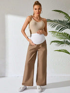 جينز أمومة كاجوال بساق واسع ولون متباين قابل للتعديل الخصر - Pink&blue