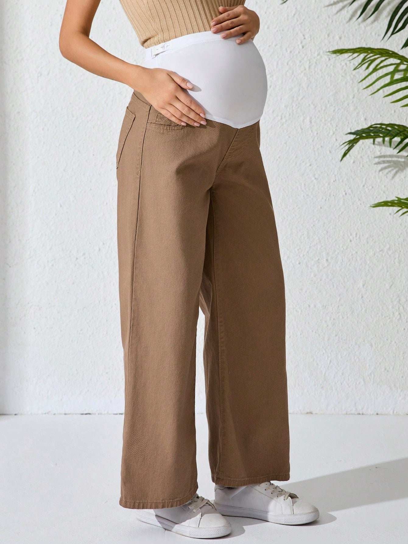 جينز أمومة كاجوال بساق واسع ولون متباين قابل للتعديل الخصر - Pink&blue