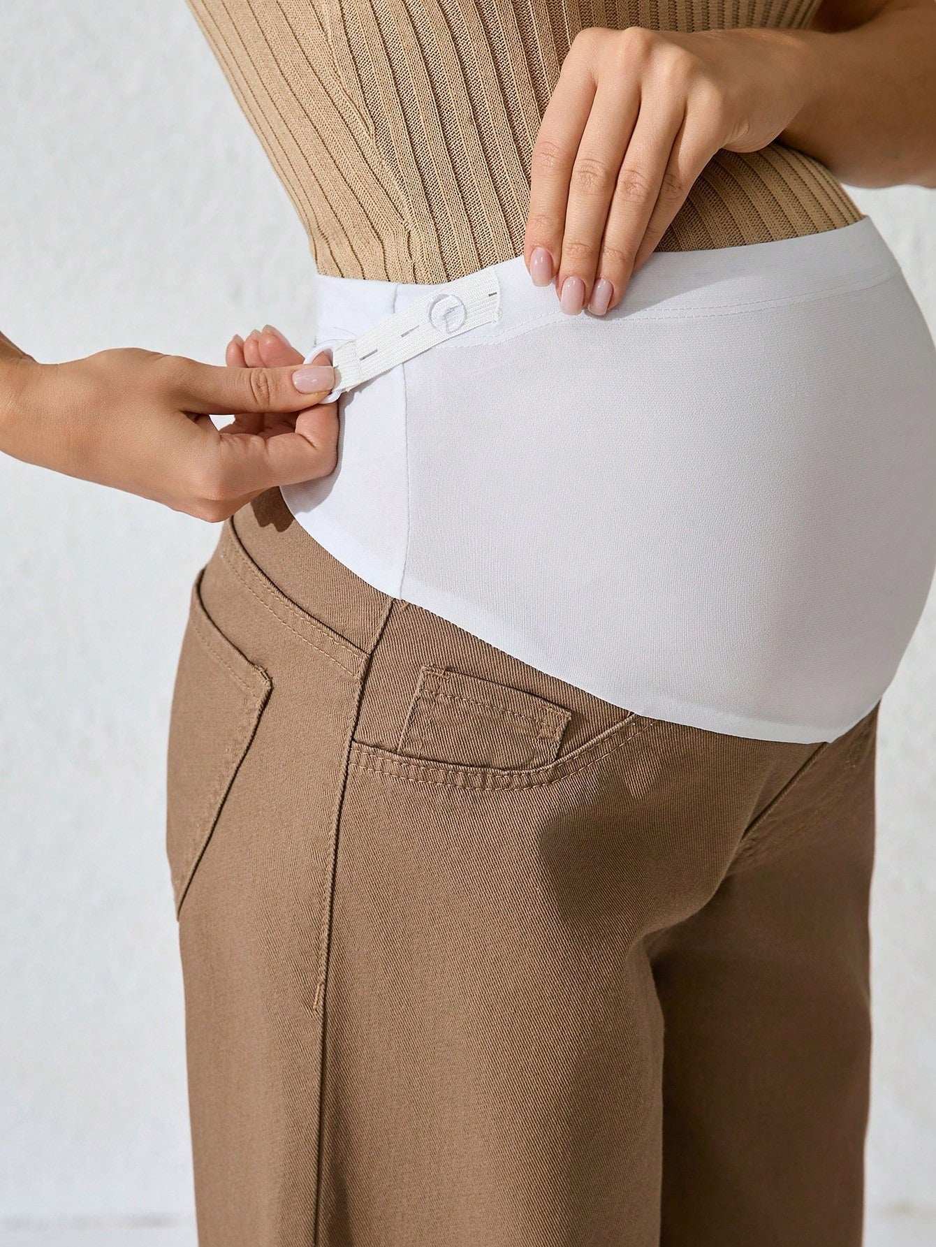 جينز أمومة كاجوال بساق واسع ولون متباين قابل للتعديل الخصر - Pink&blue