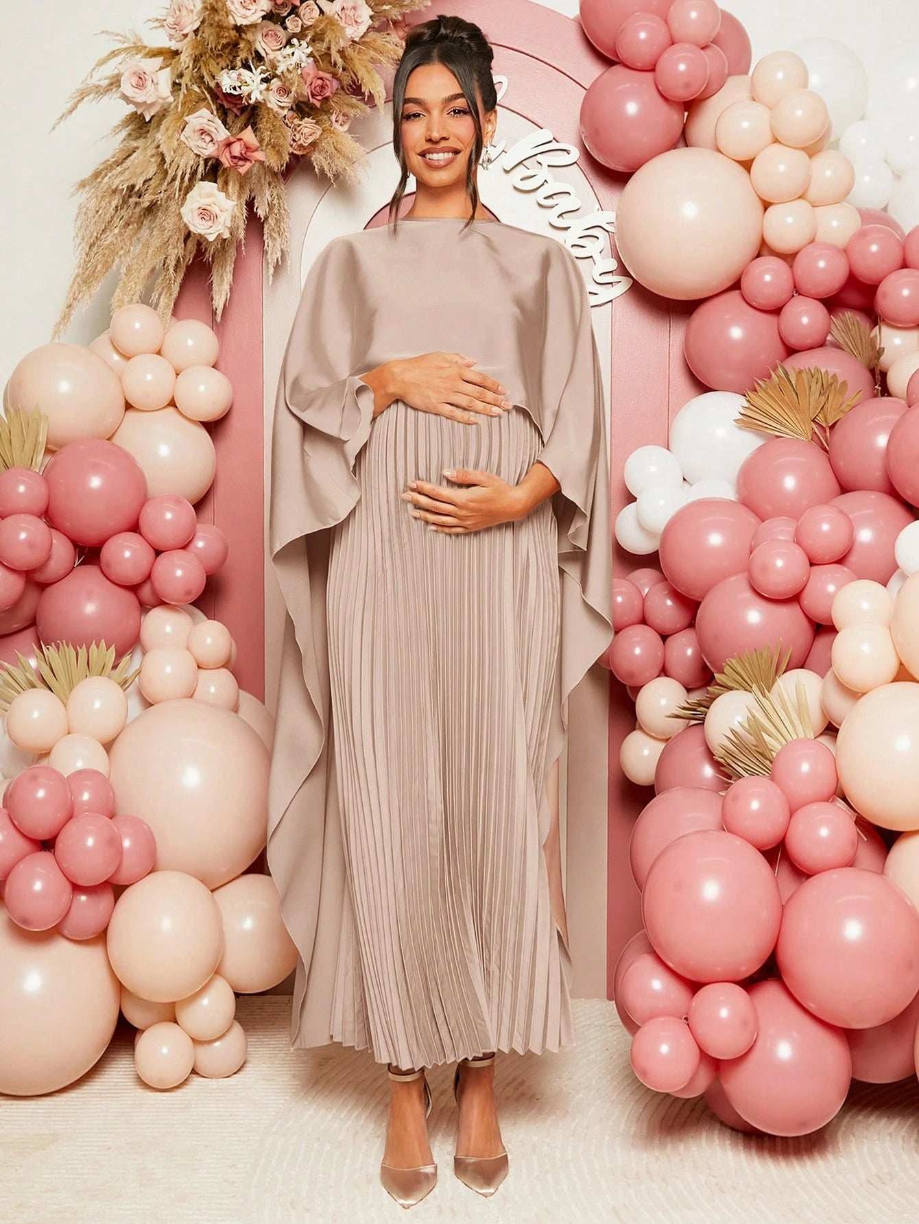 فستان ساتان ثابت للنساء الحوامل، فستان حوامل بسيط وأنيق - Pink&blue