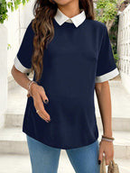 قميص نسائي متعدد الاستخدامات للحوامل بألوان مكعبات متنوعة وياقة مفتوحة وأكمام قصيرة فضفاض - Pink&blue