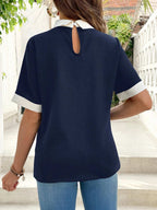 قميص نسائي متعدد الاستخدامات للحوامل بألوان مكعبات متنوعة وياقة مفتوحة وأكمام قصيرة فضفاض - Pink&blue