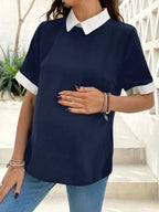 قميص نسائي متعدد الاستخدامات للحوامل بألوان مكعبات متنوعة وياقة مفتوحة وأكمام قصيرة فضفاض - Pink&blue