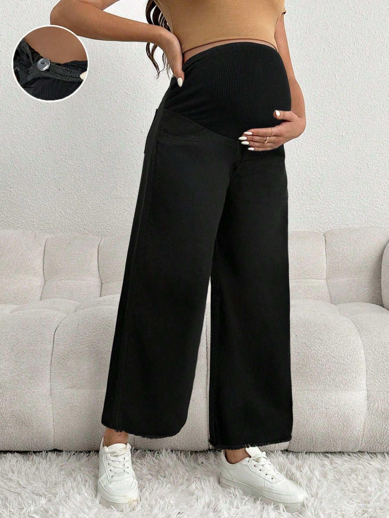 سراويل جينز سوداء فضفاضة للحوامل بنمط لاصق على الوسط - Pink&blue