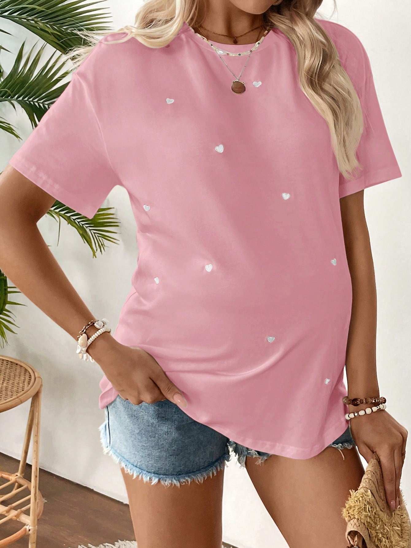 تي شيرت كاجوال بأكمام قصيرة رقبة دائرية فضفاض للحوامل به طبعة قلب - Pink&blue