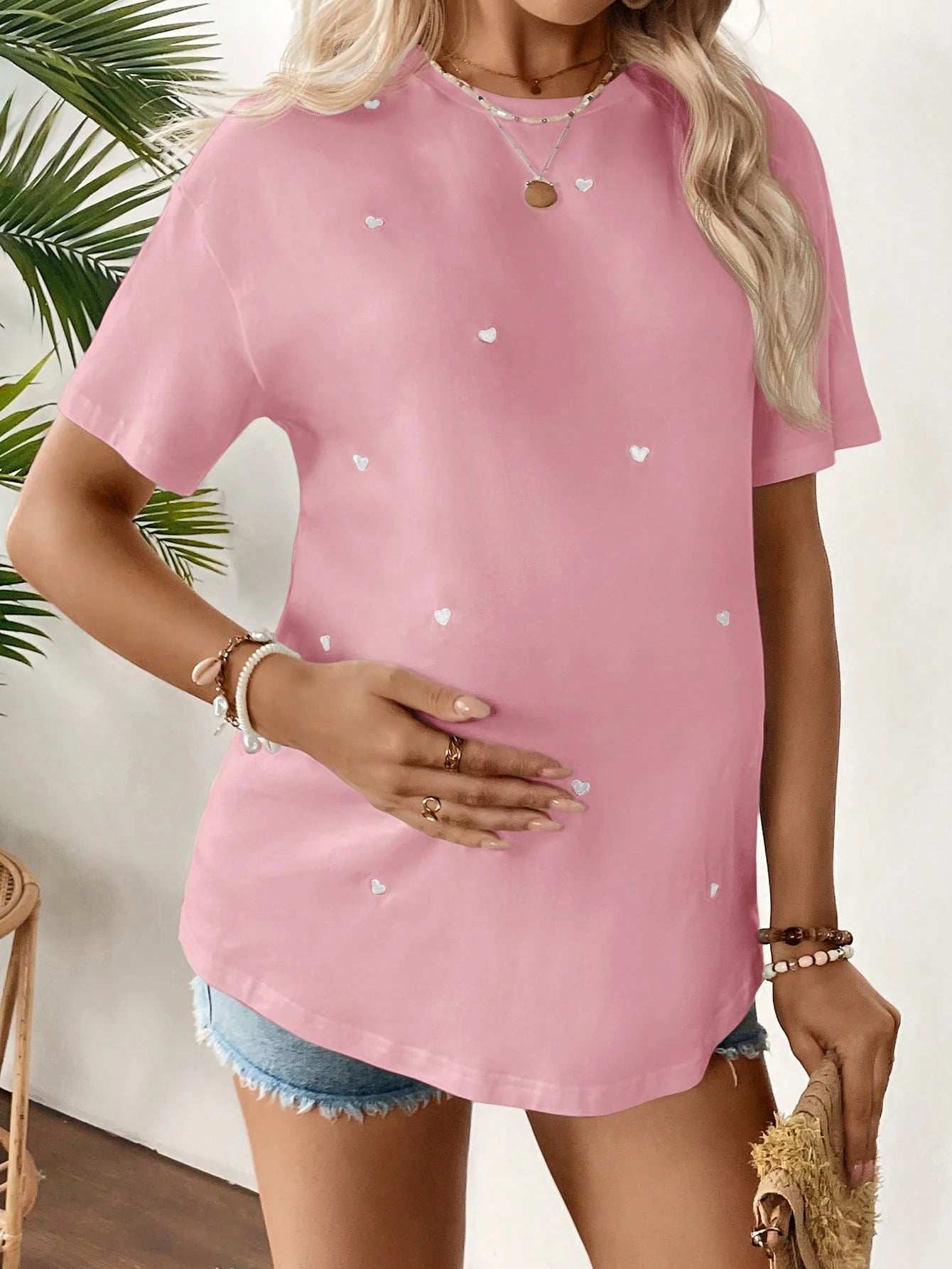 تي شيرت كاجوال بأكمام قصيرة رقبة دائرية فضفاض للحوامل به طبعة قلب - Pink&blue