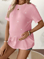 تي شيرت كاجوال بأكمام قصيرة رقبة دائرية فضفاض للحوامل به طبعة قلب - Pink&blue