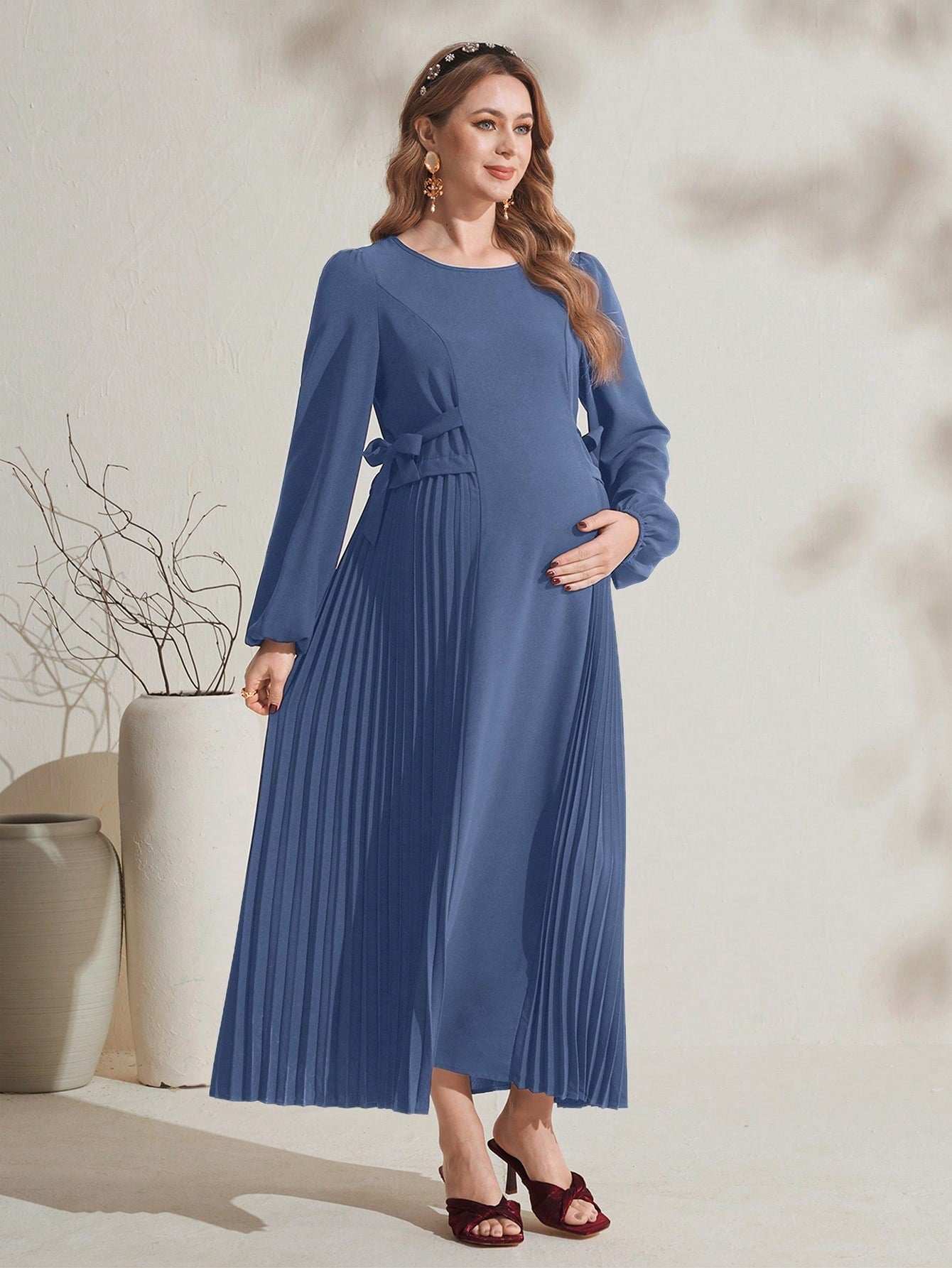 فستان حمل كاجوال أحمر مبسط مزين بكشكشة علي الأكمام وهامش التنورة - Pink&blue