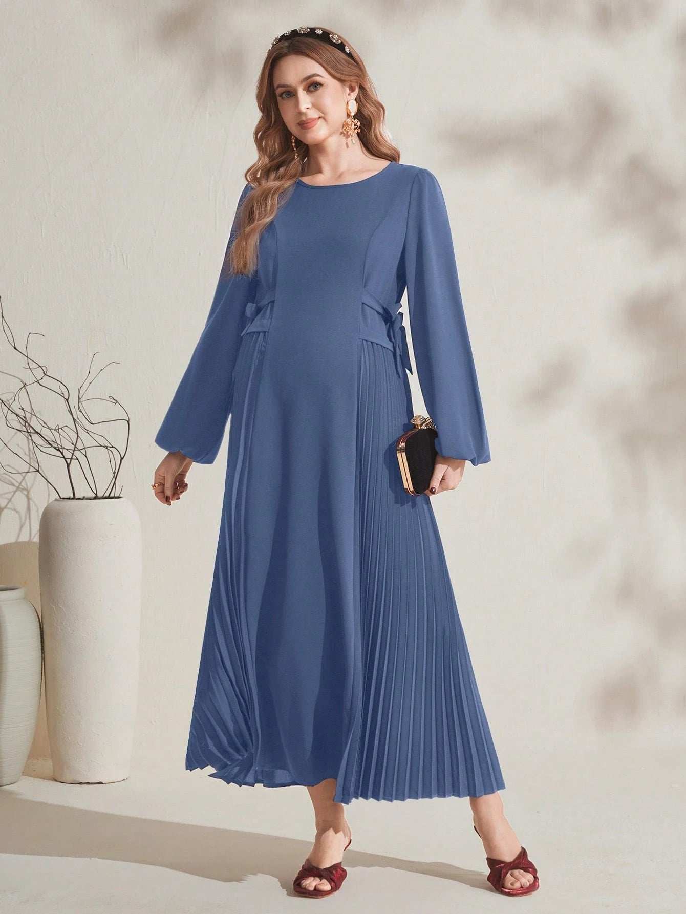 فستان حمل كاجوال أحمر مبسط مزين بكشكشة علي الأكمام وهامش التنورة - Pink&blue