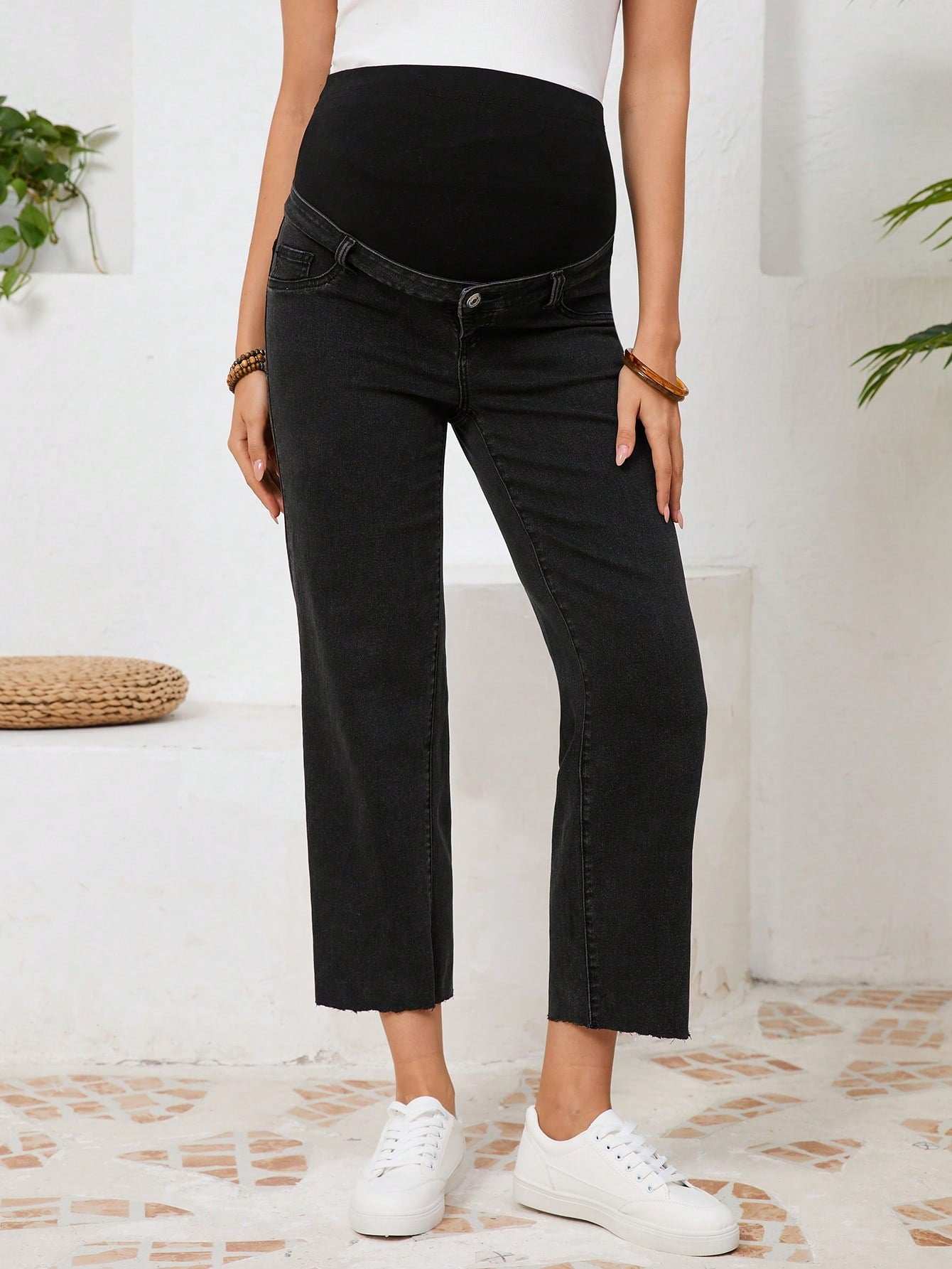 بنطلون جينز شريط خصر واسع حافة خام للأمومة - Pink&blue