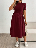 فستان طويل بأكمام منتفخة ولون أساسي، متماسك للحوامل، ملائم للصيف - Pink&blue