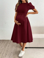 فستان طويل بأكمام منتفخة ولون أساسي، متماسك للحوامل، ملائم للصيف - Pink&blue