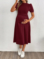 فستان طويل بأكمام منتفخة ولون أساسي، متماسك للحوامل، ملائم للصيف - Pink&blue