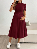 فستان طويل بأكمام منتفخة ولون أساسي، متماسك للحوامل، ملائم للصيف - Pink&blue