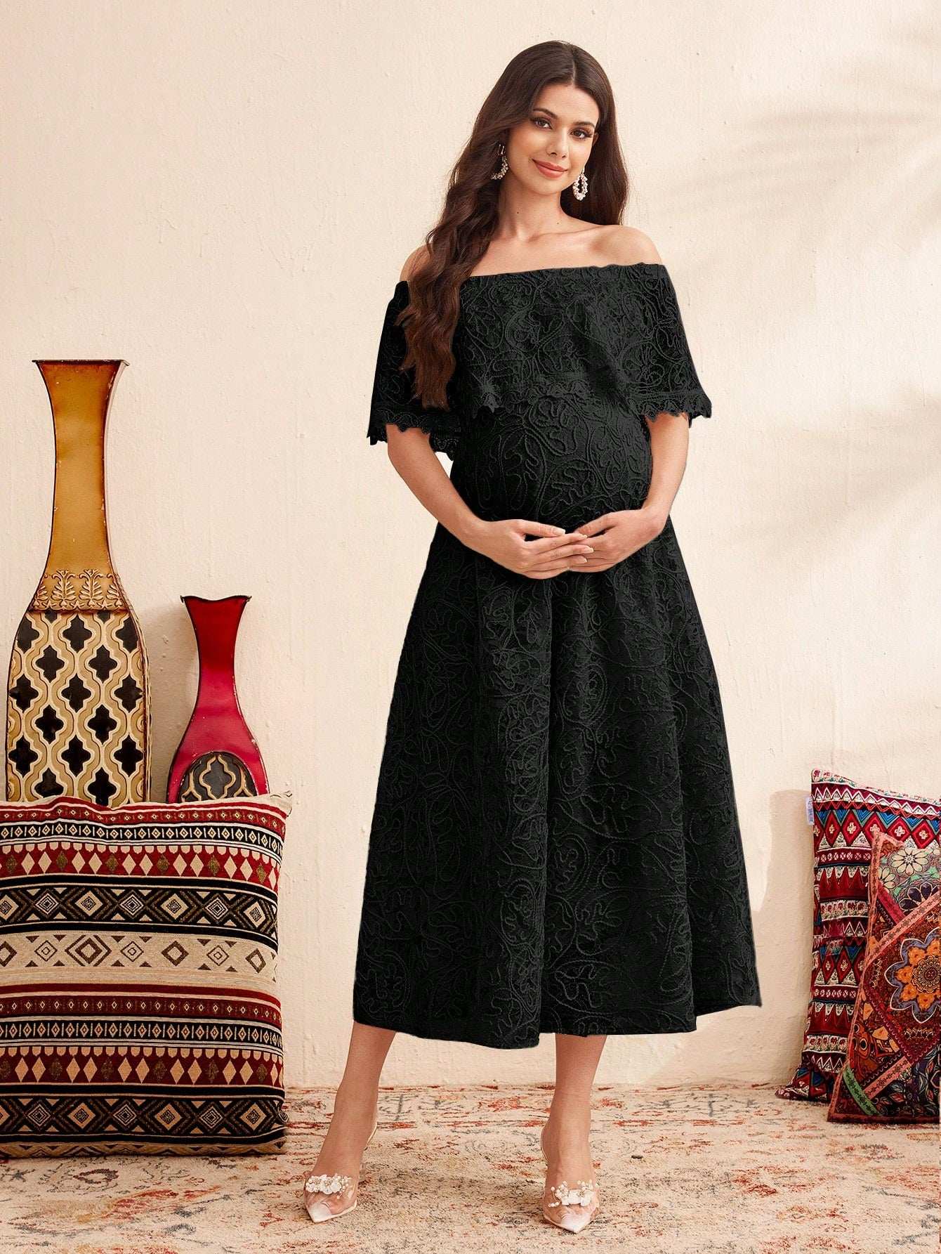 فستان أمومة بسيط للكتف المنحدر، للارتداء اليومي - Pink&blue