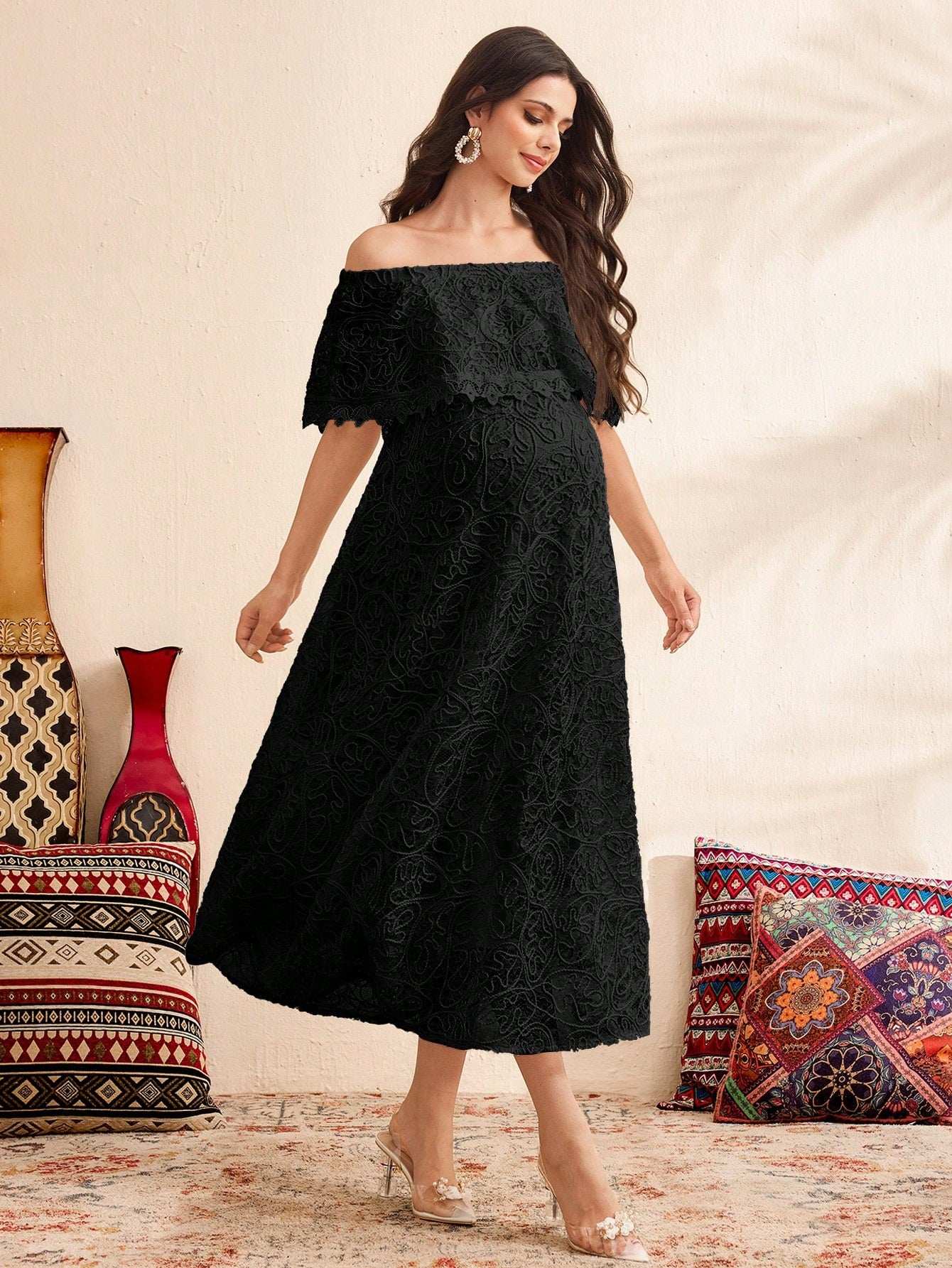 فستان أمومة بسيط للكتف المنحدر، للارتداء اليومي - Pink&blue