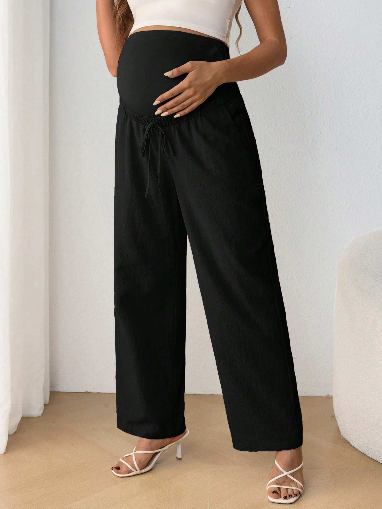 بنطال حمل أنيق مرتفع الخصر، مستقيم الساق، بخصر مرن قابل للتعديل وربطة أمامية - Pink&blue