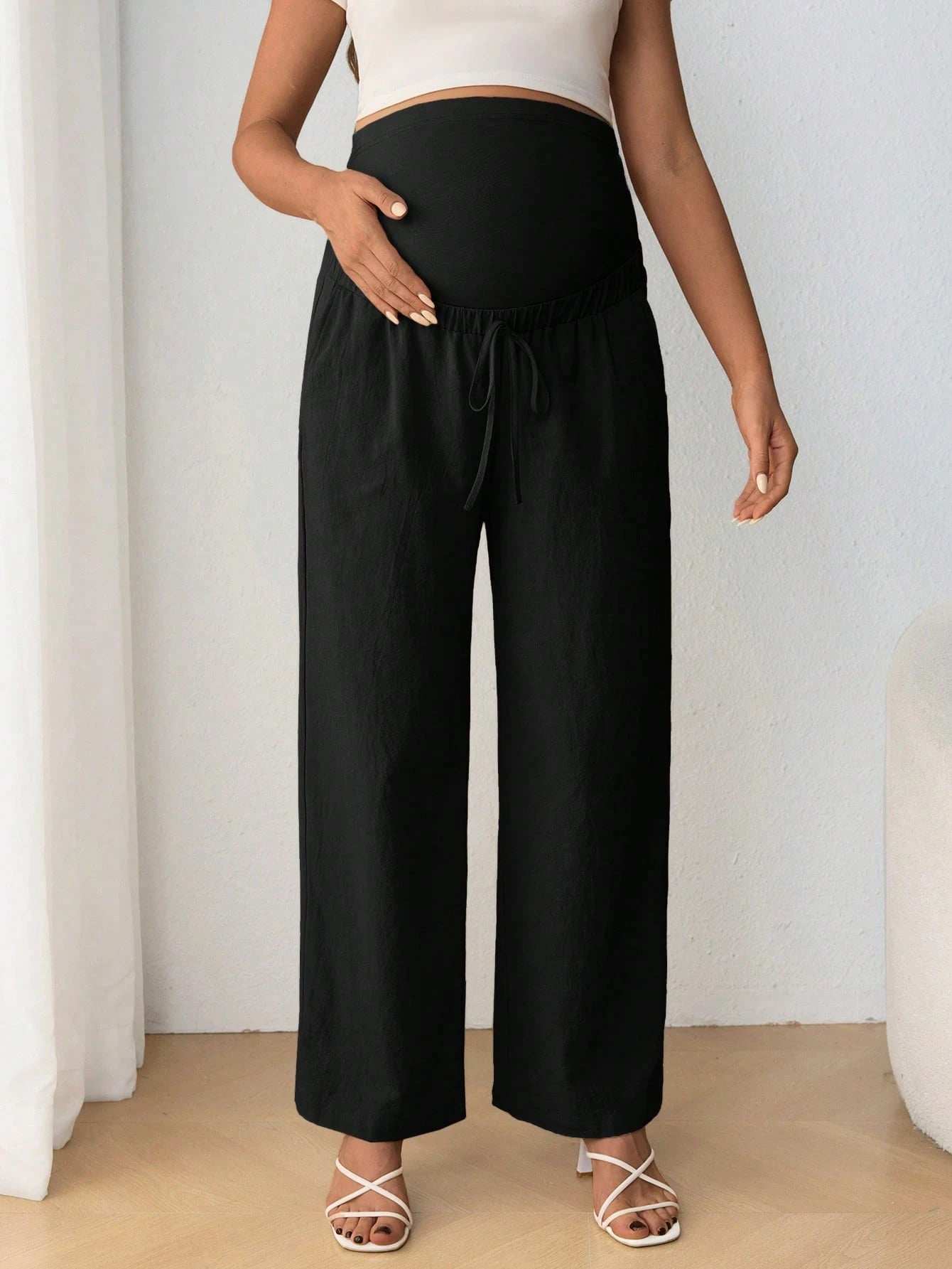 بنطال حمل أنيق مرتفع الخصر، مستقيم الساق، بخصر مرن قابل للتعديل وربطة أمامية - Pink&blue