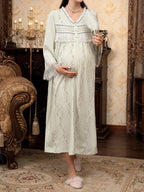 فستان نوم طويل نصف أزرار كبير الحجم مطرز بالشذرات مع ياقة على شكل حرف V للحمل لأوقات الراحة والإجازات - Pink&blue