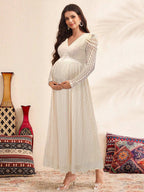 فستان أمومة بأكمام بنفاخة وياقة على شكل حرف V مزينة بالدانتيل، فستان نسائي أزرق، فستان للخريف/الخريف - Pink&blue