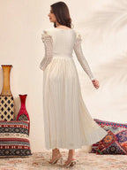 فستان أمومة بأكمام بنفاخة وياقة على شكل حرف V مزينة بالدانتيل، فستان نسائي أزرق، فستان للخريف/الخريف - Pink&blue