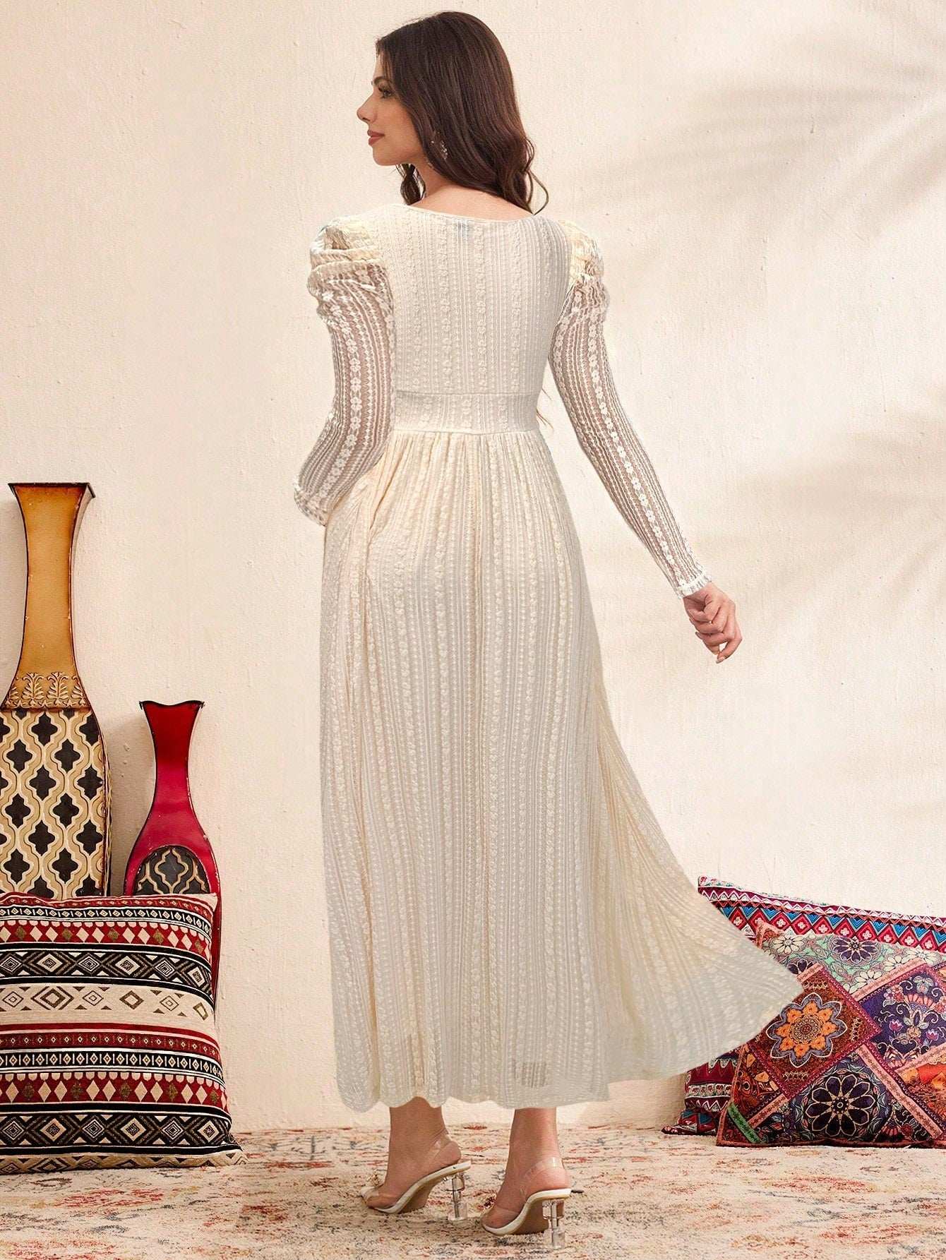 فستان أمومة بأكمام بنفاخة وياقة على شكل حرف V مزينة بالدانتيل، فستان نسائي أزرق، فستان للخريف/الخريف - Pink&blue