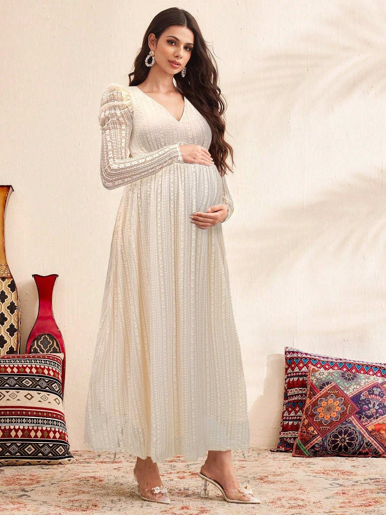 فستان أمومة بأكمام بنفاخة وياقة على شكل حرف V مزينة بالدانتيل، فستان نسائي أزرق، فستان للخريف/الخريف - Pink&blue