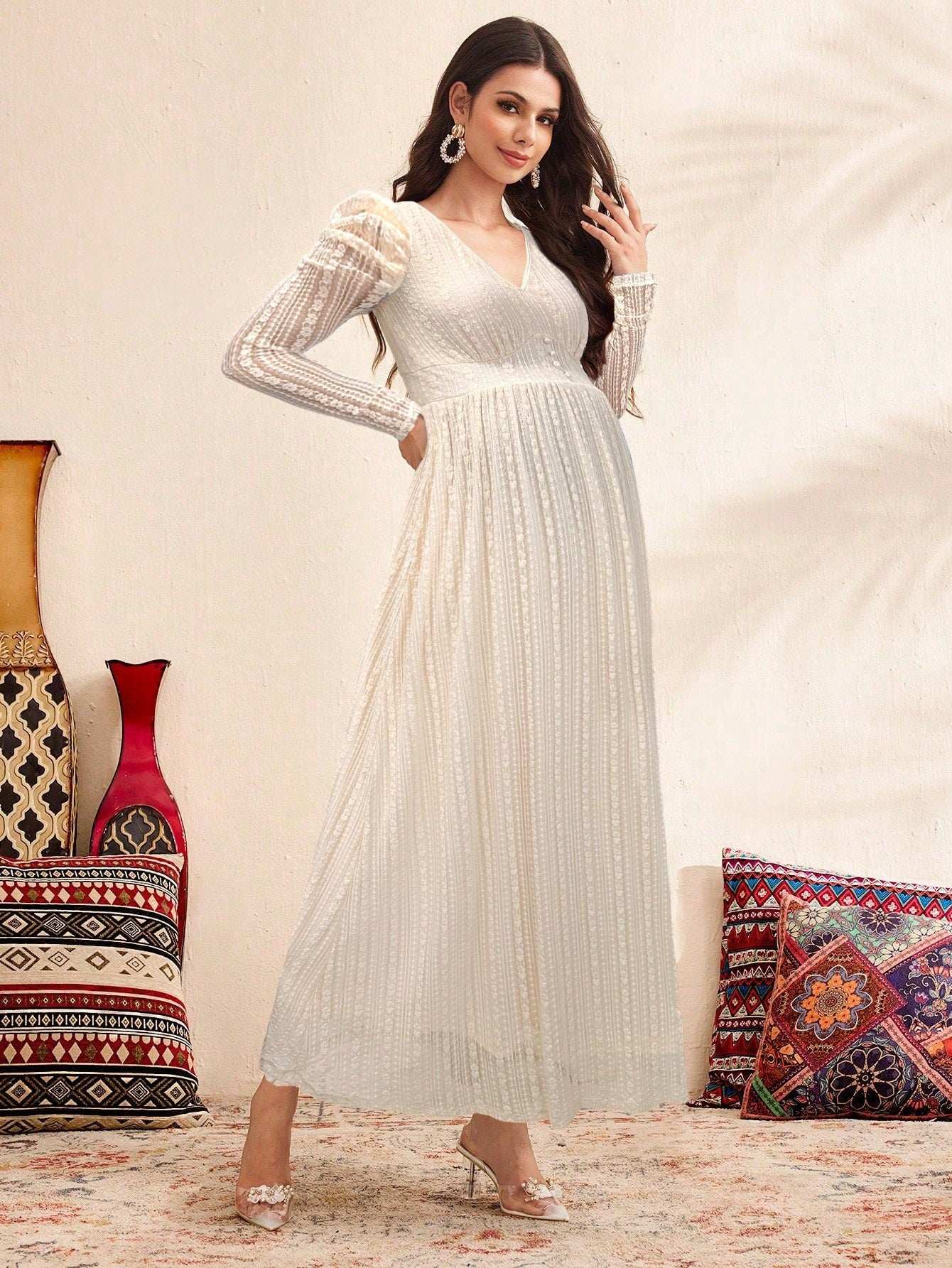 فستان أمومة بأكمام بنفاخة وياقة على شكل حرف V مزينة بالدانتيل، فستان نسائي أزرق، فستان للخريف/الخريف - Pink&blue