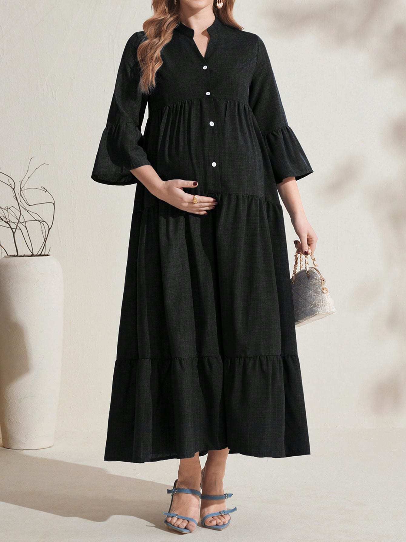 فستان أزرار فضفاض وطويل مخطط للحمل - Pink&blue