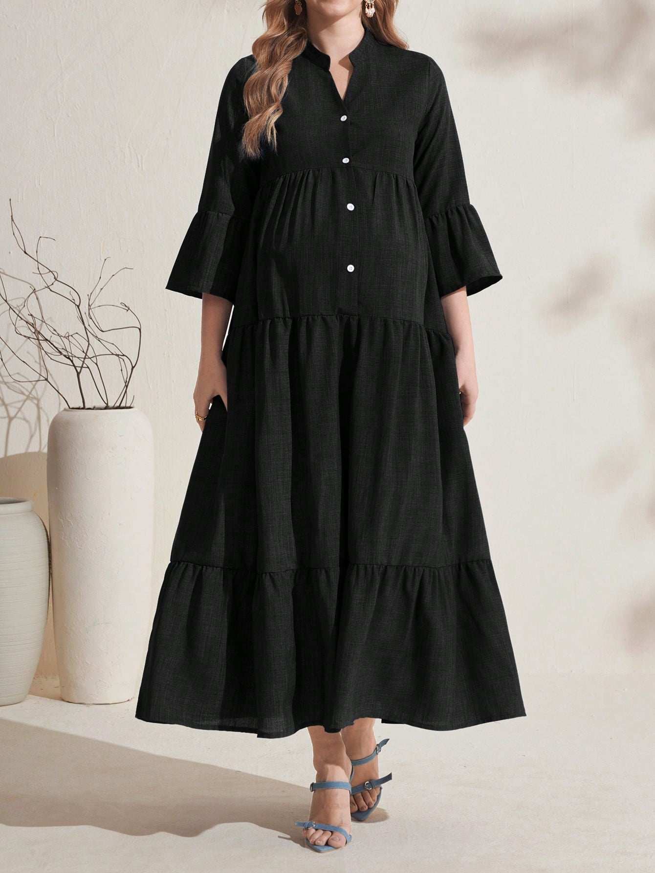 فستان أزرار فضفاض وطويل مخطط للحمل - Pink&blue