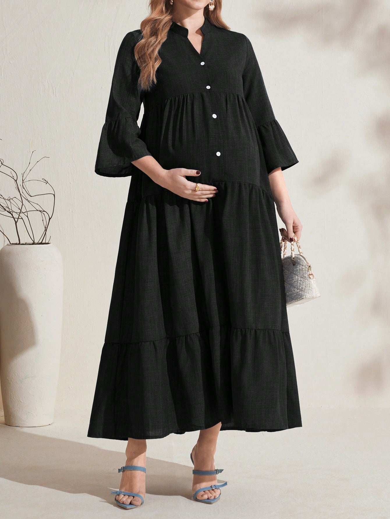 فستان أزرار فضفاض وطويل مخطط للحمل - Pink&blue