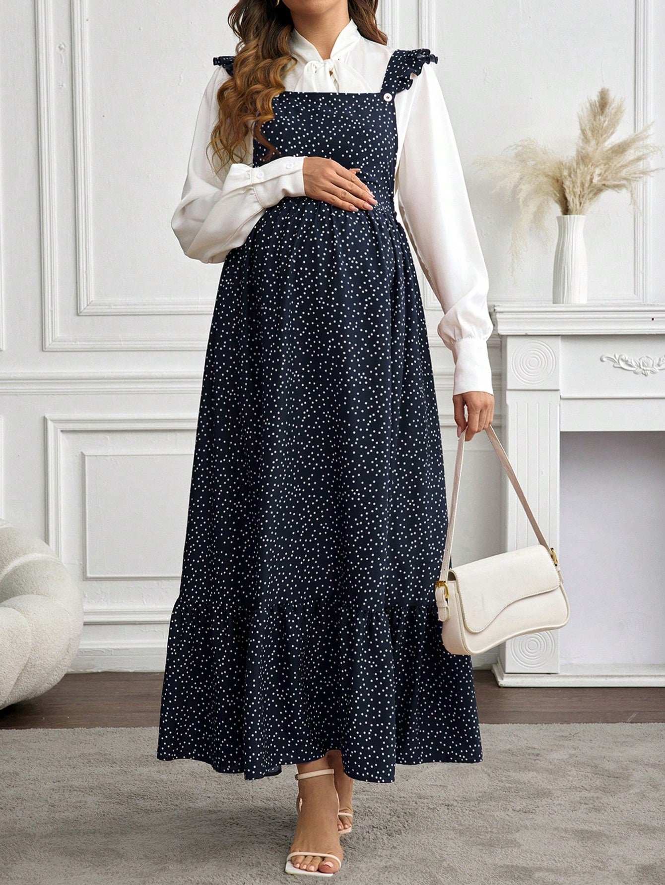 فستان أمومة كاجوال مطبوع نقاط بولكا مع كشكشة الذيل - Pink&blue