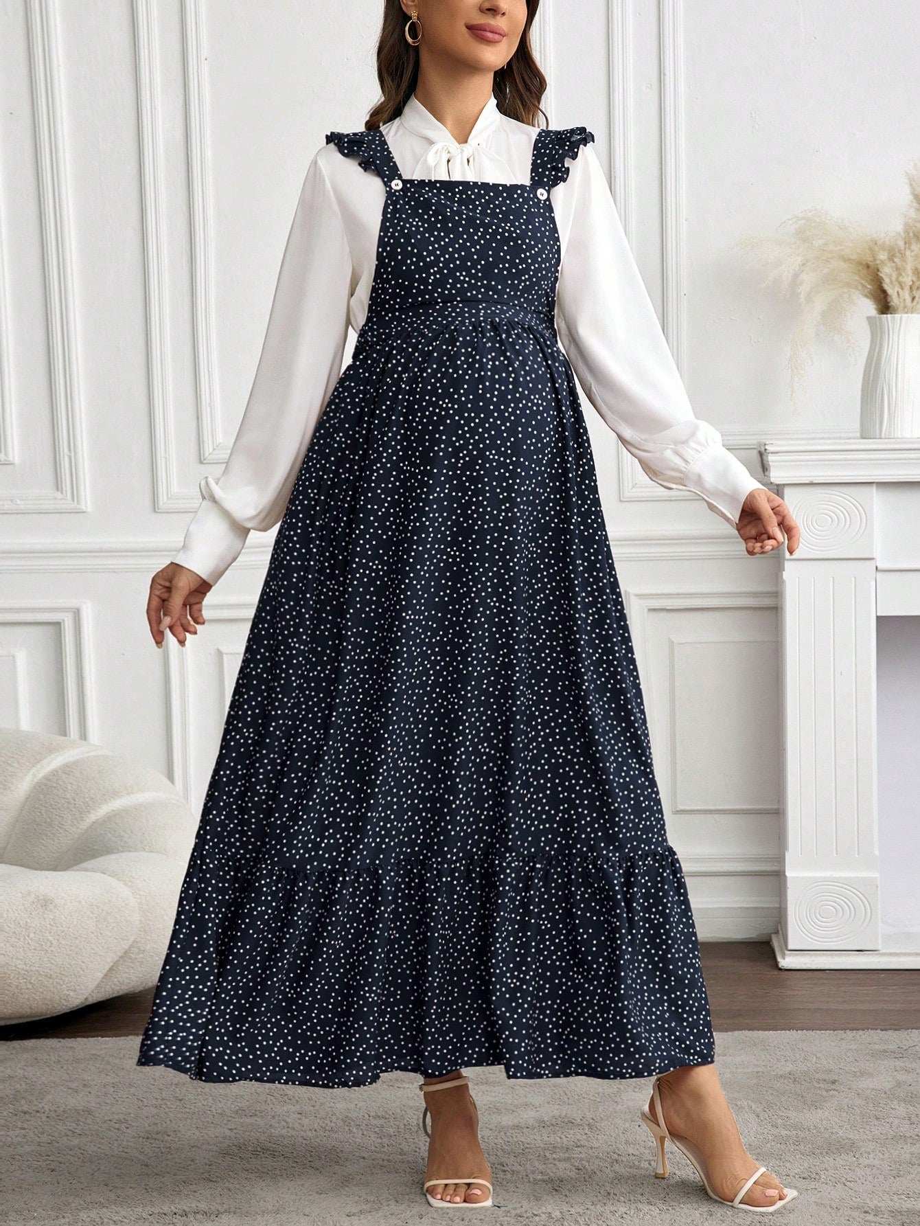 فستان أمومة كاجوال مطبوع نقاط بولكا مع كشكشة الذيل - Pink&blue