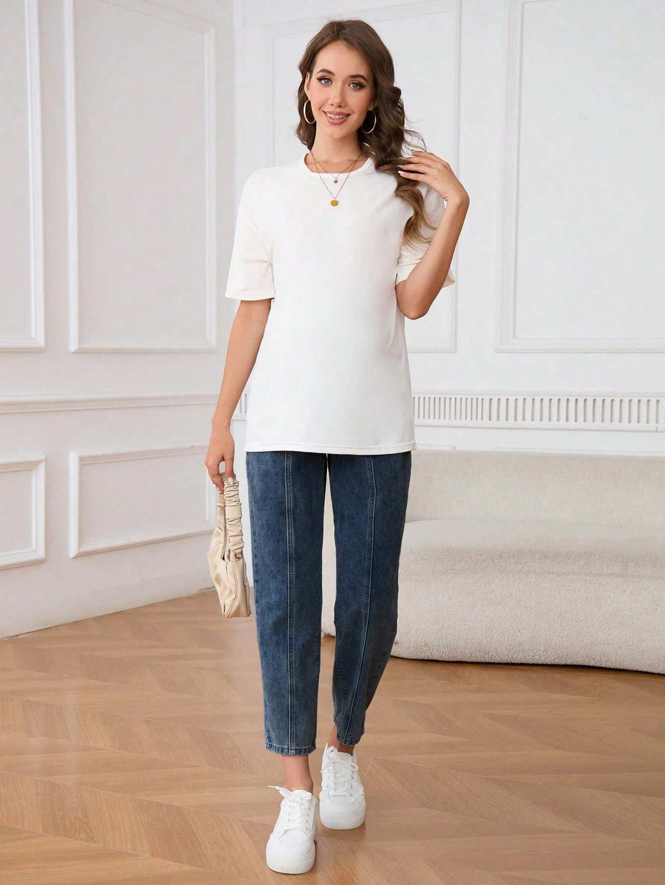 جينز للحوامل مع خصر قابل للتعديل، لاستخدام يومي عادي - Pink&blue