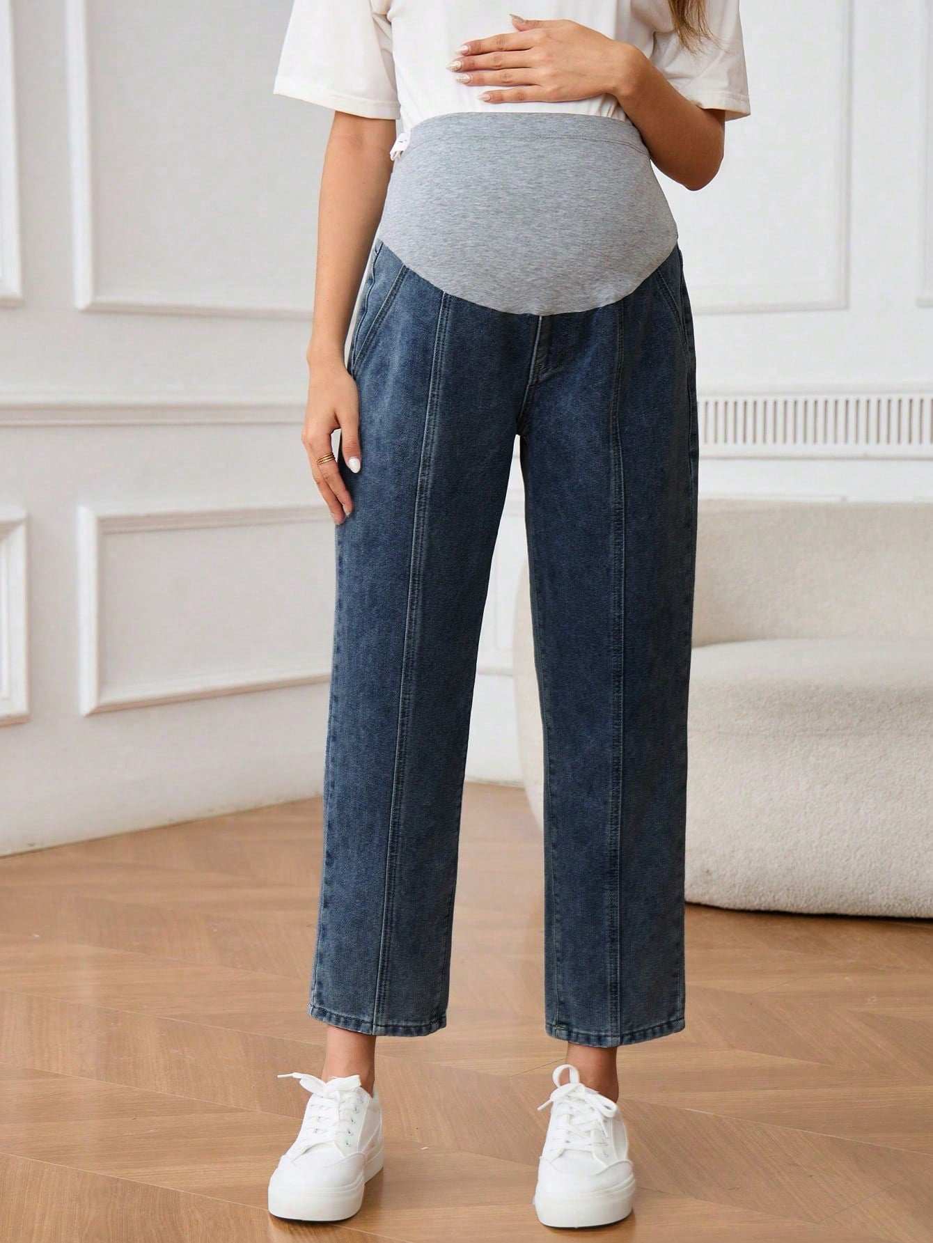 جينز للحوامل مع خصر قابل للتعديل، لاستخدام يومي عادي - Pink&blue