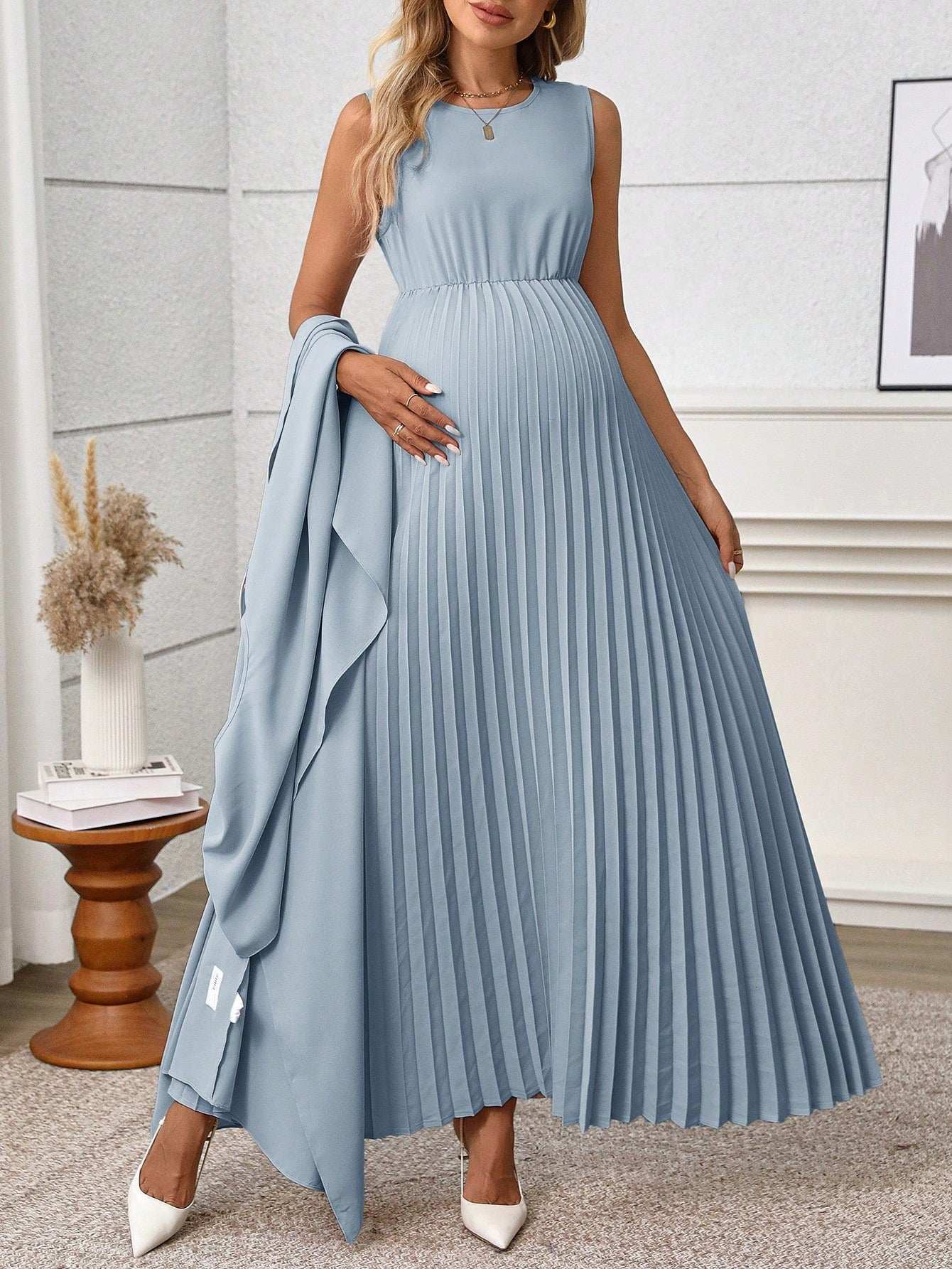 فستان سبونجو ثابت اللون أنيق بسيط وراحة للنساء الحوامل - Pink&blue