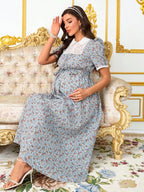 فستان أنيق للنساء الحوامل مع طبعات زهرية صغيرة، لمسات من الدانتيل، فستان صيفي أنيق وواسع للنساء في فترة الحمل - Pink&blue