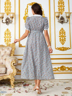 فستان أنيق للنساء الحوامل مع طبعات زهرية صغيرة، لمسات من الدانتيل، فستان صيفي أنيق وواسع للنساء في فترة الحمل - Pink&blue