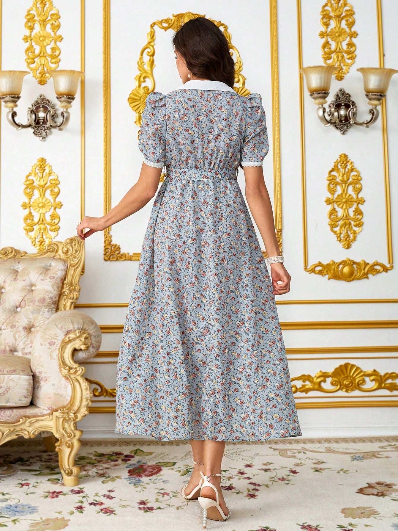 فستان أنيق للنساء الحوامل مع طبعات زهرية صغيرة، لمسات من الدانتيل، فستان صيفي أنيق وواسع للنساء في فترة الحمل - Pink&blue