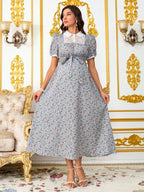 فستان أنيق للنساء الحوامل مع طبعات زهرية صغيرة، لمسات من الدانتيل، فستان صيفي أنيق وواسع للنساء في فترة الحمل - Pink&blue