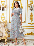 فستان أنيق للنساء الحوامل مع طبعات زهرية صغيرة، لمسات من الدانتيل، فستان صيفي أنيق وواسع للنساء في فترة الحمل - Pink&blue