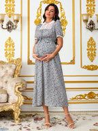 فستان أنيق للنساء الحوامل مع طبعات زهرية صغيرة، لمسات من الدانتيل، فستان صيفي أنيق وواسع للنساء في فترة الحمل - Pink&blue