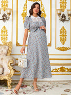 فستان أنيق للنساء الحوامل مع طبعات زهرية صغيرة، لمسات من الدانتيل، فستان صيفي أنيق وواسع للنساء في فترة الحمل - Pink&blue